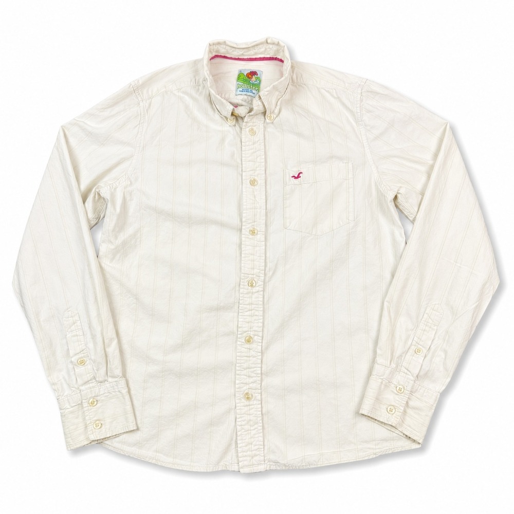 Vintage Hollister Mens L White Button Down Shirt Long Sleeve Striped Cotton FLAW